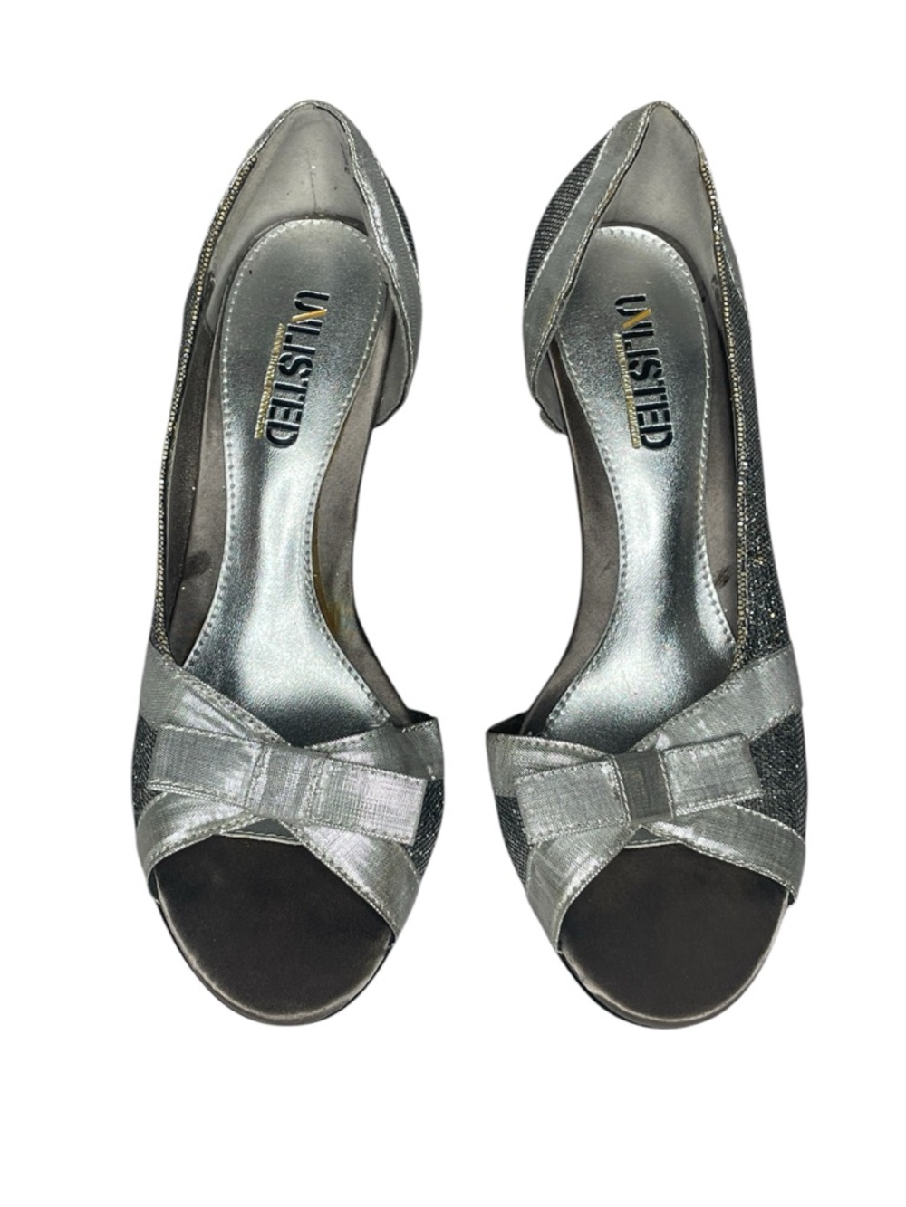 UNLISTED Silver Peep-Toe Heels with Bow Accent